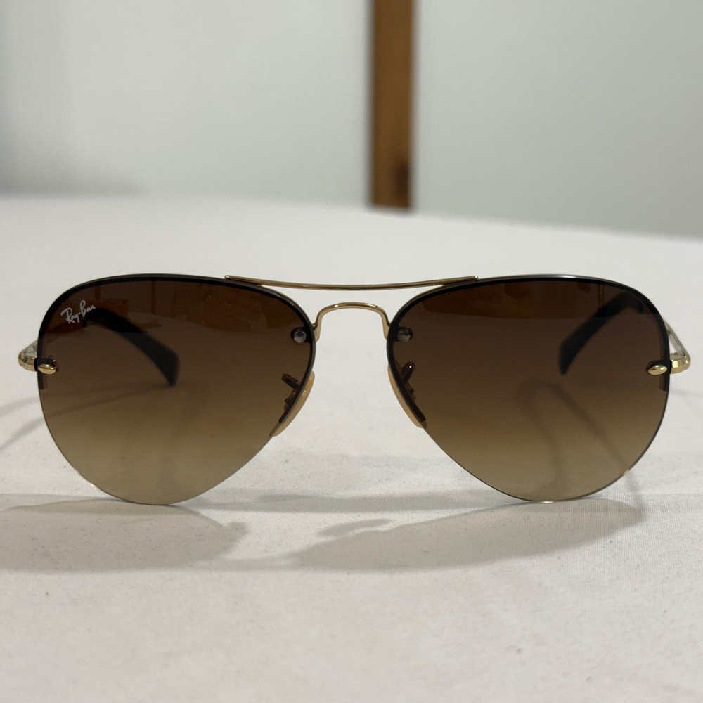 Ray-Ban RB3449 001/13 Aviator Sunglasses Gold Brown Gradient 59mm Italy Case